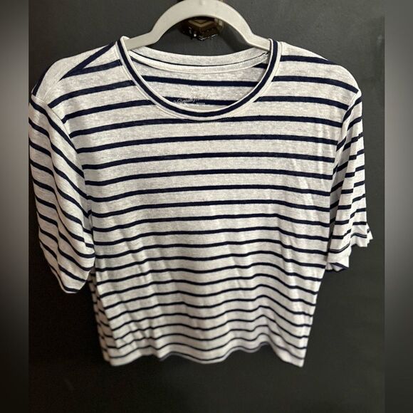 Universal Threads Striped Linen T-Shirt Cropped Size M Navy: White - Picture 2 of 5